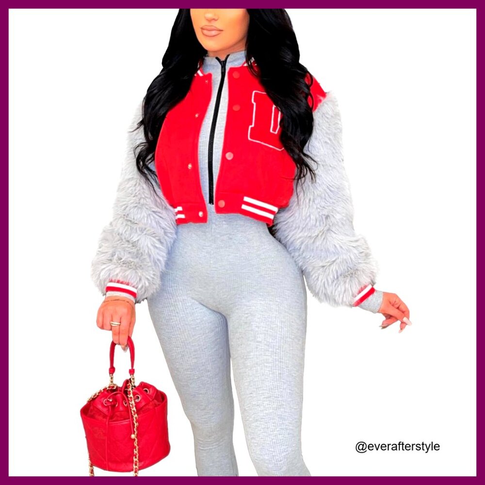 Faux Fur Sleeve Cropped Varsity Jacket Retro Letterman Coat Button Up